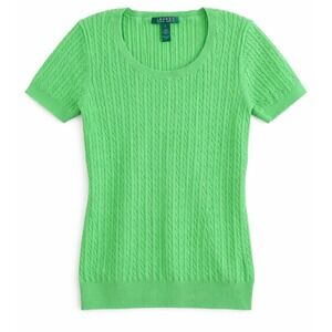 Lauren Ralph Lauren Green Cable Knit Short Sleeve Sweater Scoop Neck Cotton L